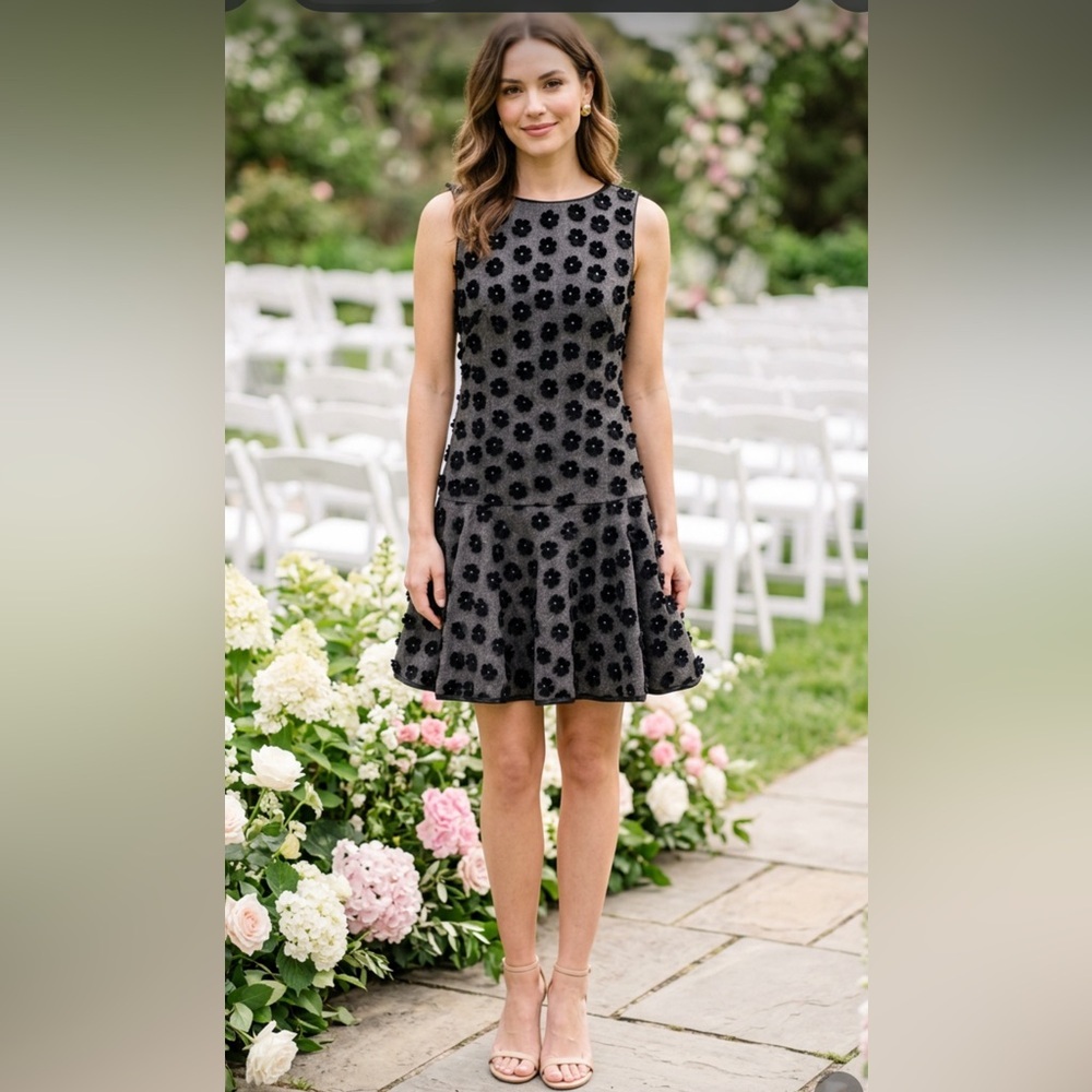 Sara Campbell Wool Flower Dress Womens 0 Black Gray Preppy Drop Waist